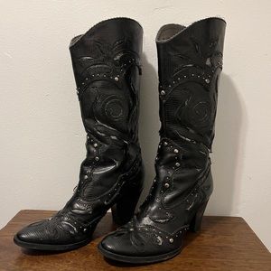 studded embellished black distressed tall heeled cowboy boots genuine leather